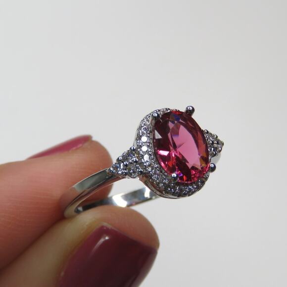 Zales Ruby & Cubic Zirconia Halo Sterling Silver Ring Size 7 SYNTHETIC - Picture 7 of 12